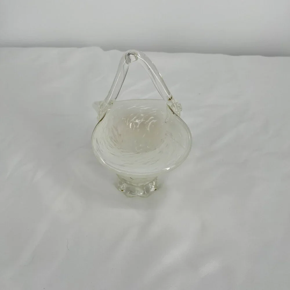 Vintage Clear Glass White‎ Confetti Hand Blown  Basket with Handle